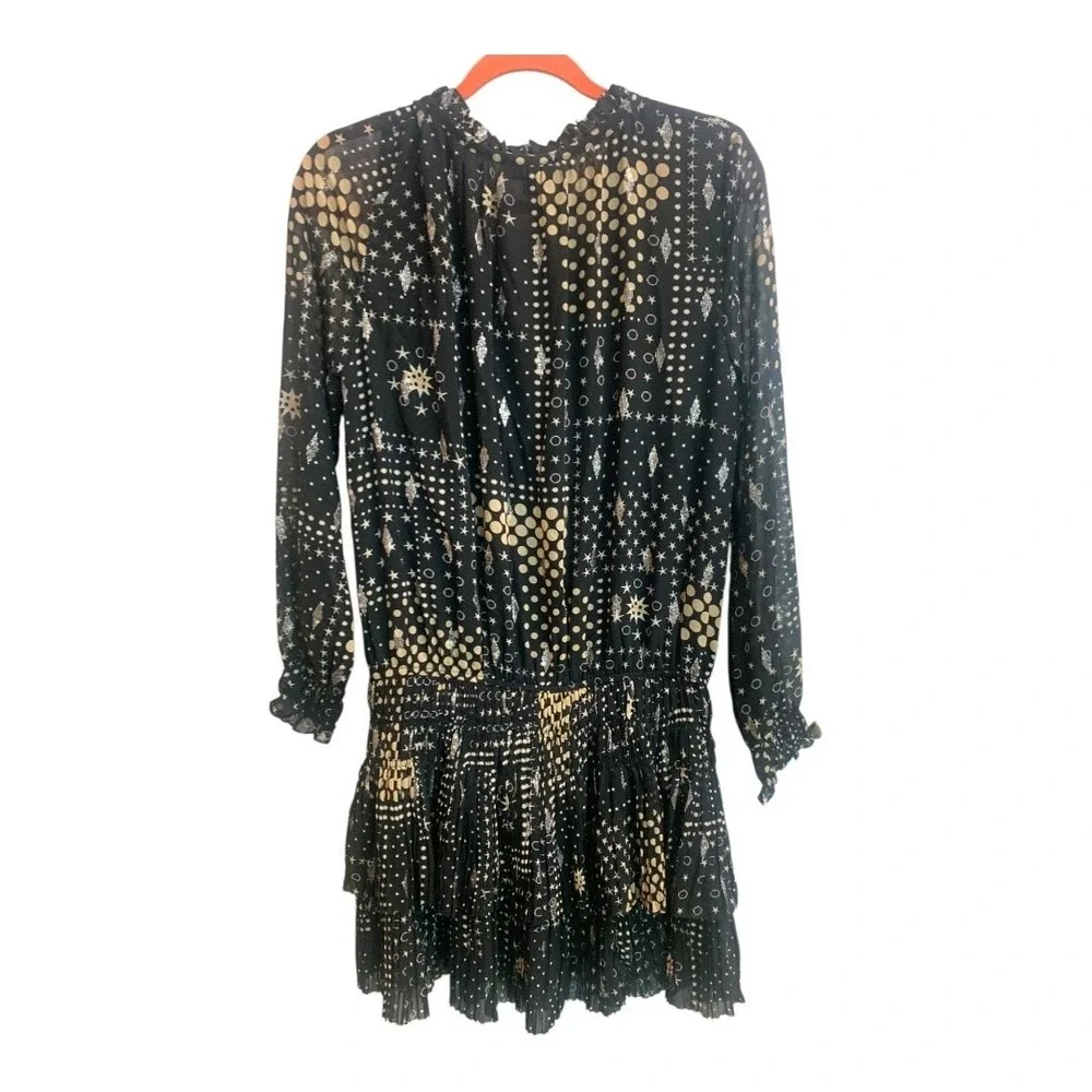 Current‎ Air Black Gold Silver Star  Smocked Metallic Mini Dress sz L